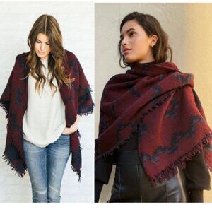 Aritzia Wilfred Wool Oversized Scarf - Deep Red & Dark Blue Patterned Shawl